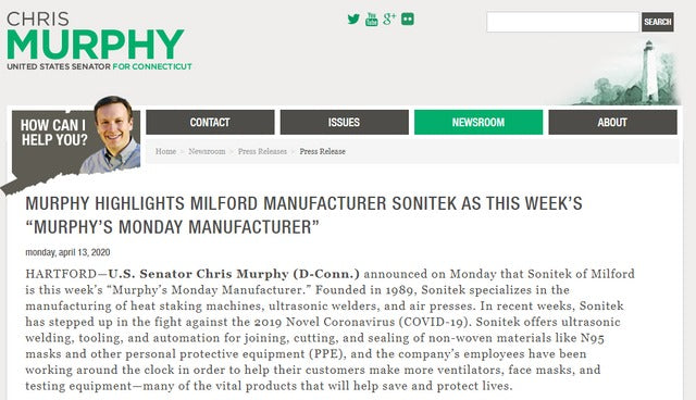 US Senator highlights Sonitek in fight against COVID-19